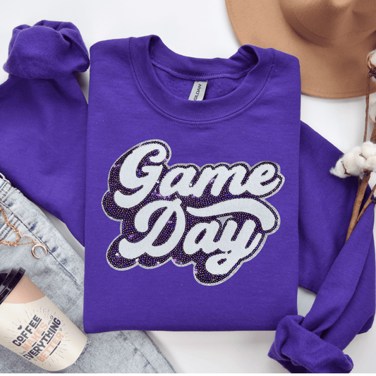 Envy Stylz Wholesale Women - Apparel - Shirts - T-Shirts Purple Sequin Game Day Patch Sweatshirt