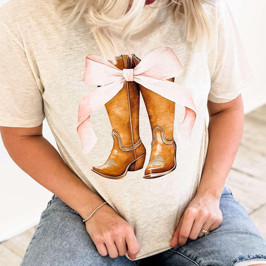 Envy Stylz Wholesale Women - Apparel - Shirts - T-Shirts Western Boots & Pink Bow Graphic Tee