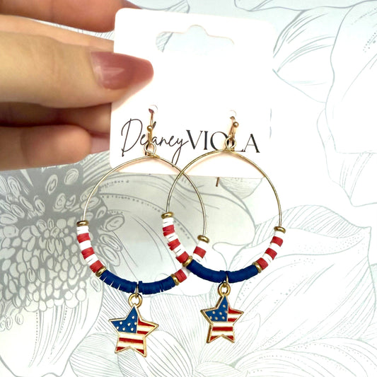 FestiviTees Women - Accessories - Earrings Red, White & Blue Star Gold Hoop Earrings