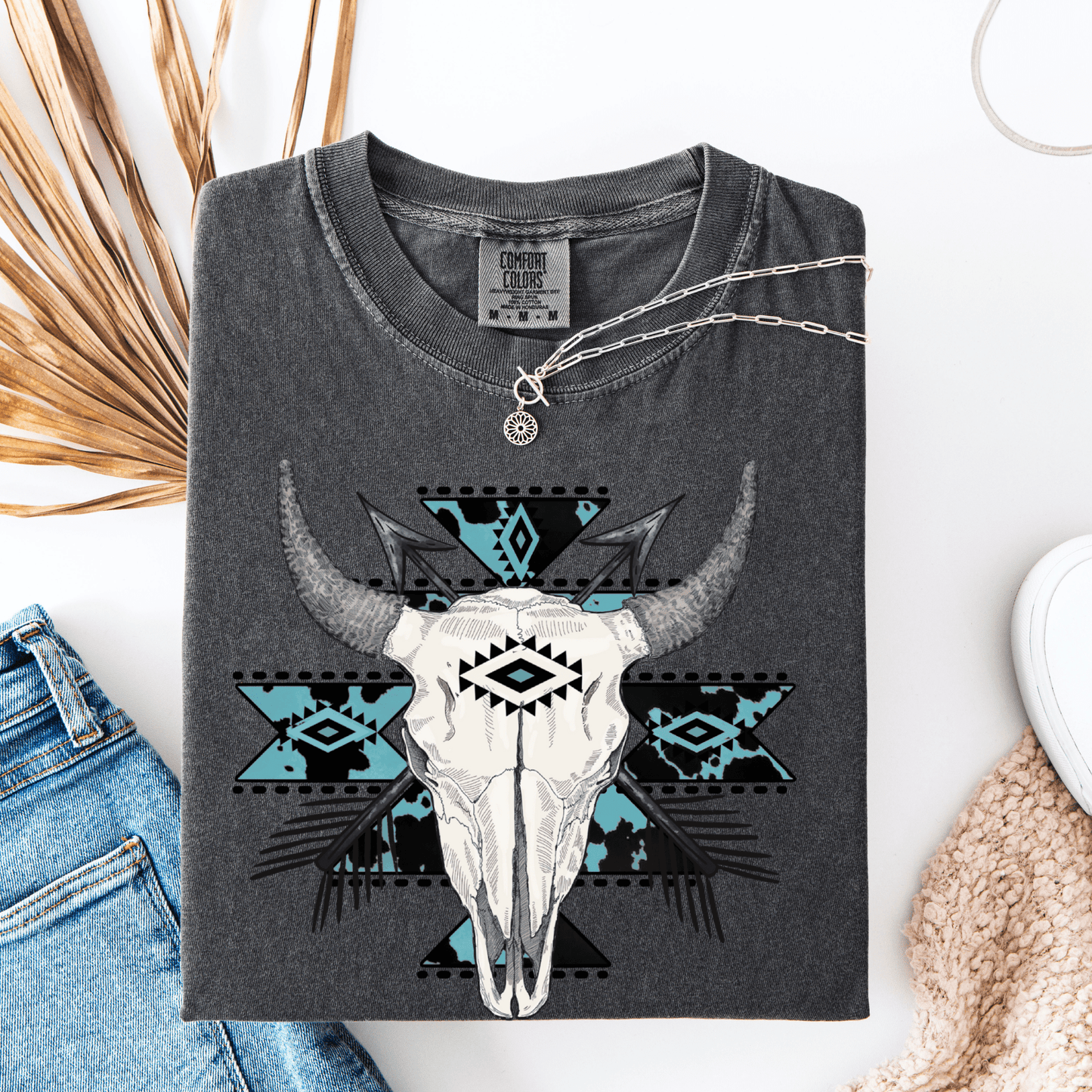 FestiviTees Women - Apparel - Shirts - T-Shirts Blue Aztec Bull Skull Graphic Tee