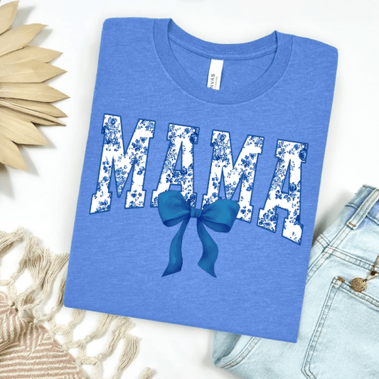 FestiviTees Women - Apparel - Shirts - T-Shirts Blue Floral Mama with Bow Graphic Tee