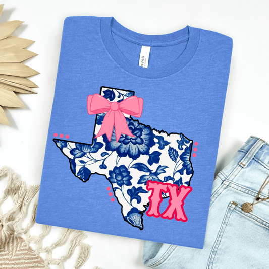 FestiviTees Women - Apparel - Shirts - T-Shirts Blue Floral TX State Graphic Tee