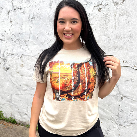 FestiviTees Women - Apparel - Shirts - T-Shirts Boot Fall Sunset Graphic Tee