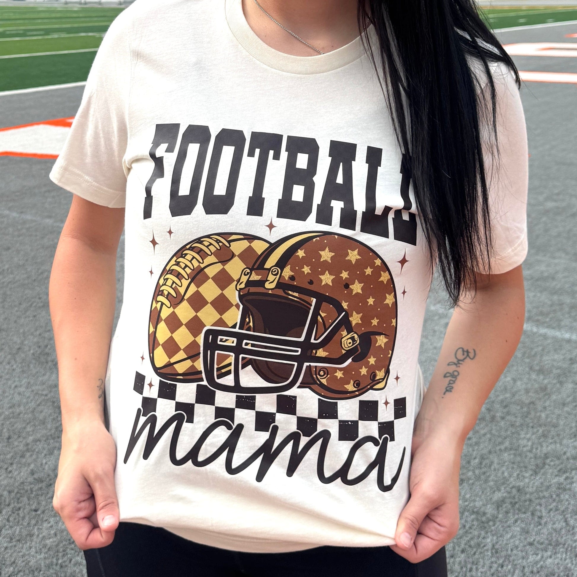 FestiviTees Women - Apparel - Shirts - T-Shirts Brown Checkered Football Mama Graphic Tee
