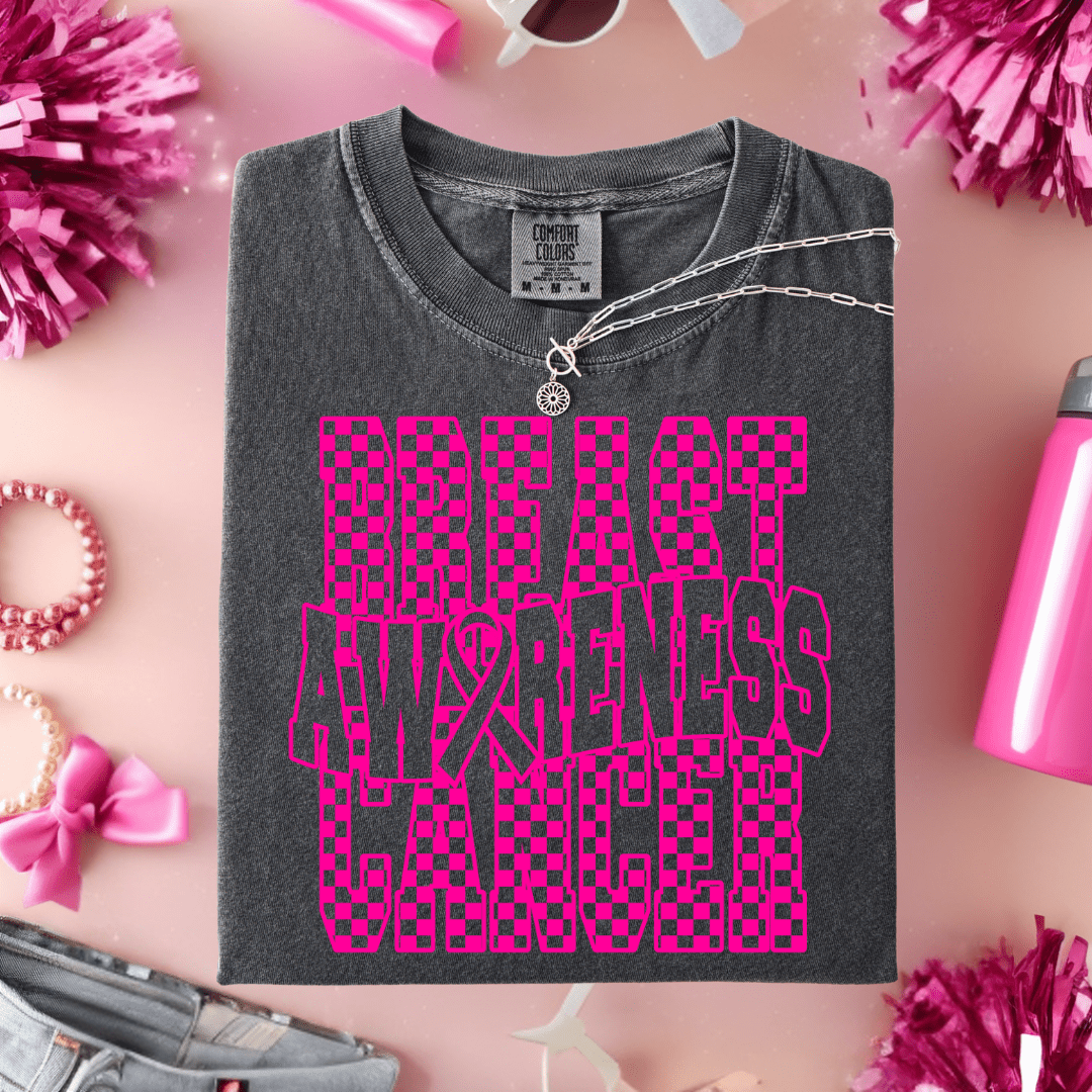 FestiviTees Women - Apparel - Shirts - T-Shirts Checkered Breast Cancer Awareness Graphic Tee