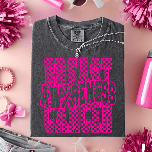 FestiviTees Women - Apparel - Shirts - T-Shirts Checkered Breast Cancer Awareness Graphic Tee