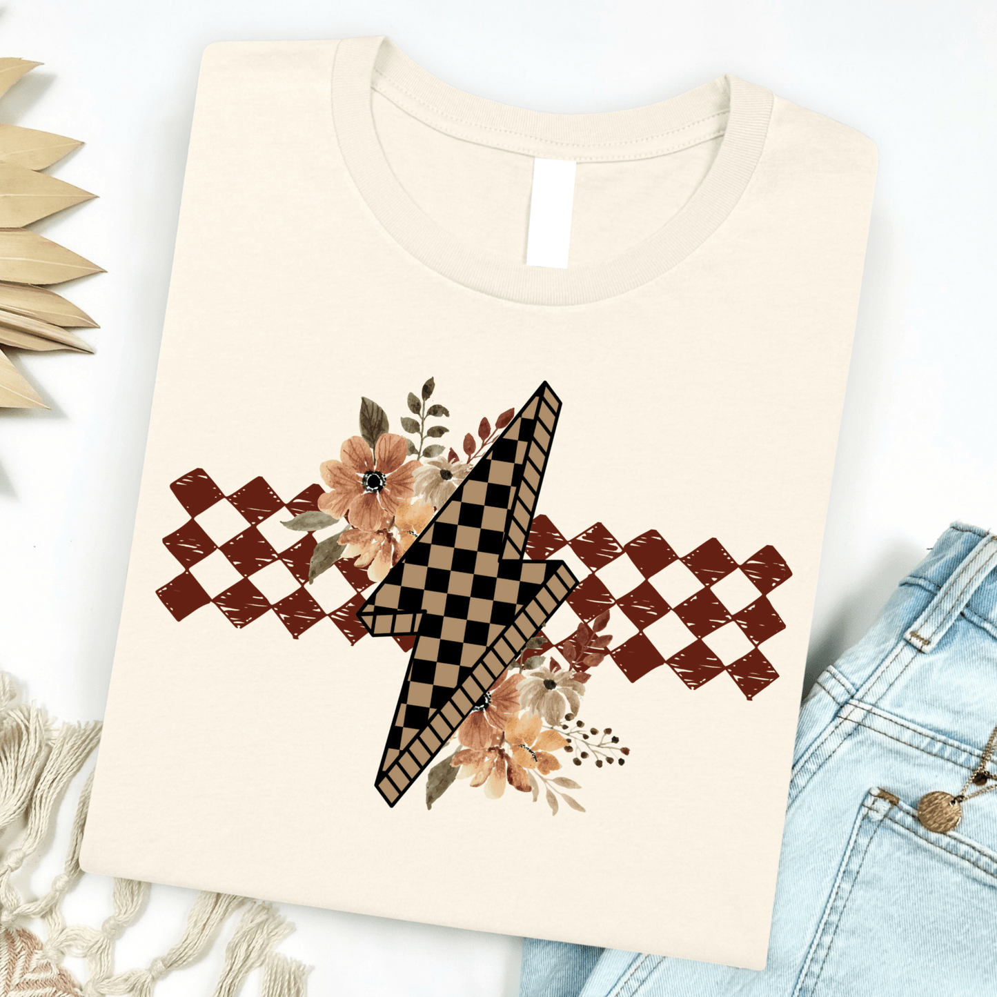 FestiviTees Women - Apparel - Shirts - T-Shirts Checkered Floral Bolt Graphic Tee