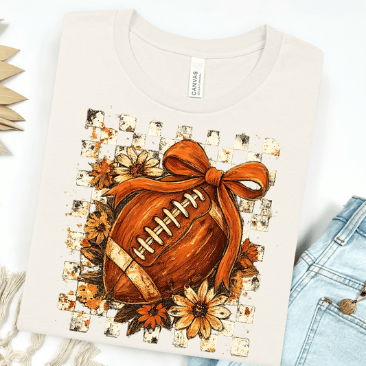 FestiviTees Women - Apparel - Shirts - T-Shirts Checkered Floral Football with Bow Graphic Tee