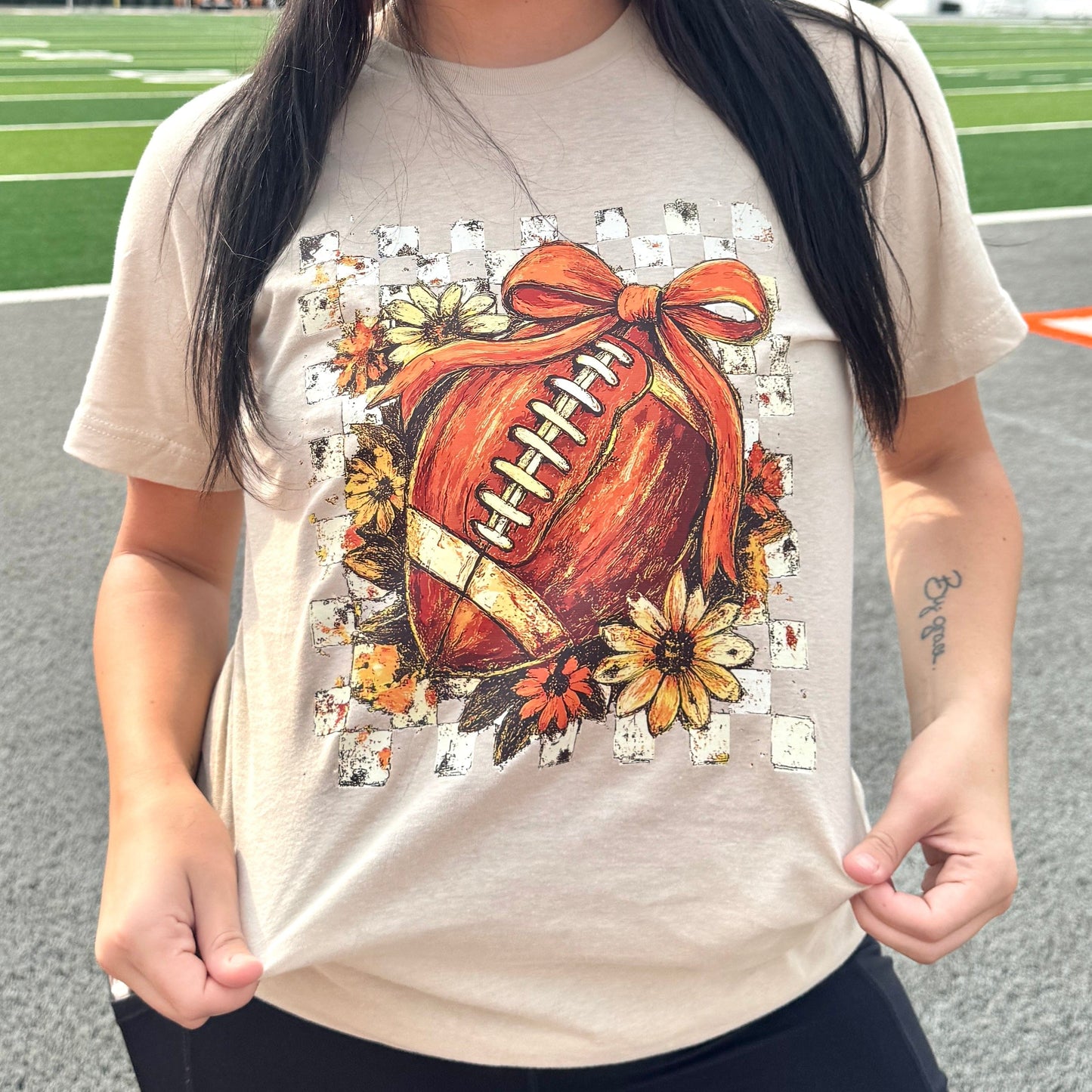 FestiviTees Women - Apparel - Shirts - T-Shirts Checkered Floral Football with Bow Graphic Tee