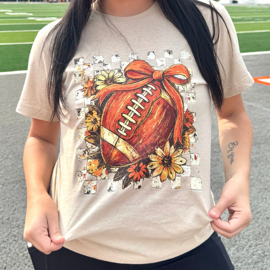 FestiviTees Women - Apparel - Shirts - T-Shirts Checkered Floral Football with Bow Graphic Tee
