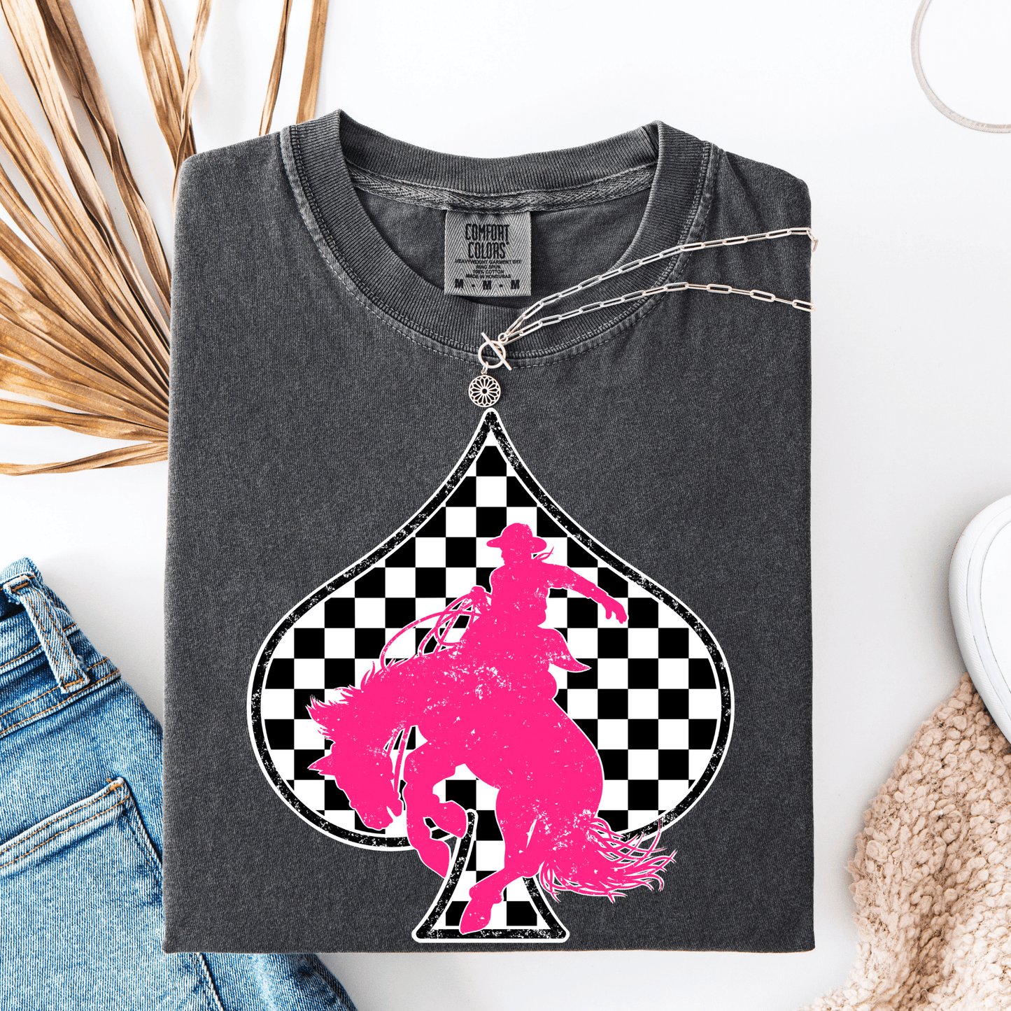 FestiviTees Women - Apparel - Shirts - T-Shirts Checkered Spade Pink Bronc Graphic Tee