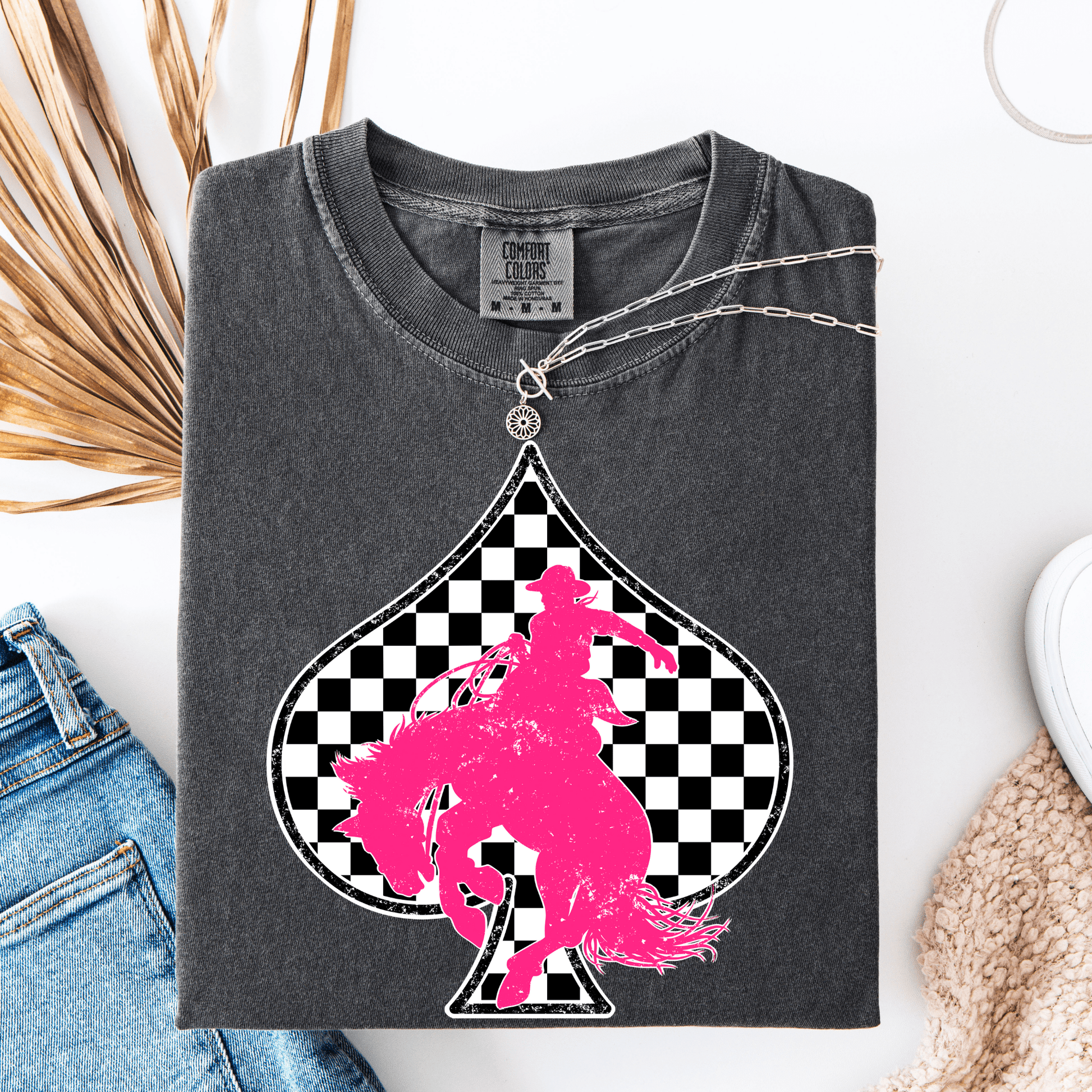 FestiviTees Women - Apparel - Shirts - T-Shirts Checkered Spade Pink Bronc Graphic Tee