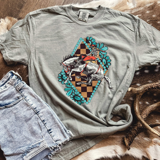 FestiviTees Women - Apparel - Shirts - T-Shirts Diamond Turquoise Rodeo Bronc Graphic Tee