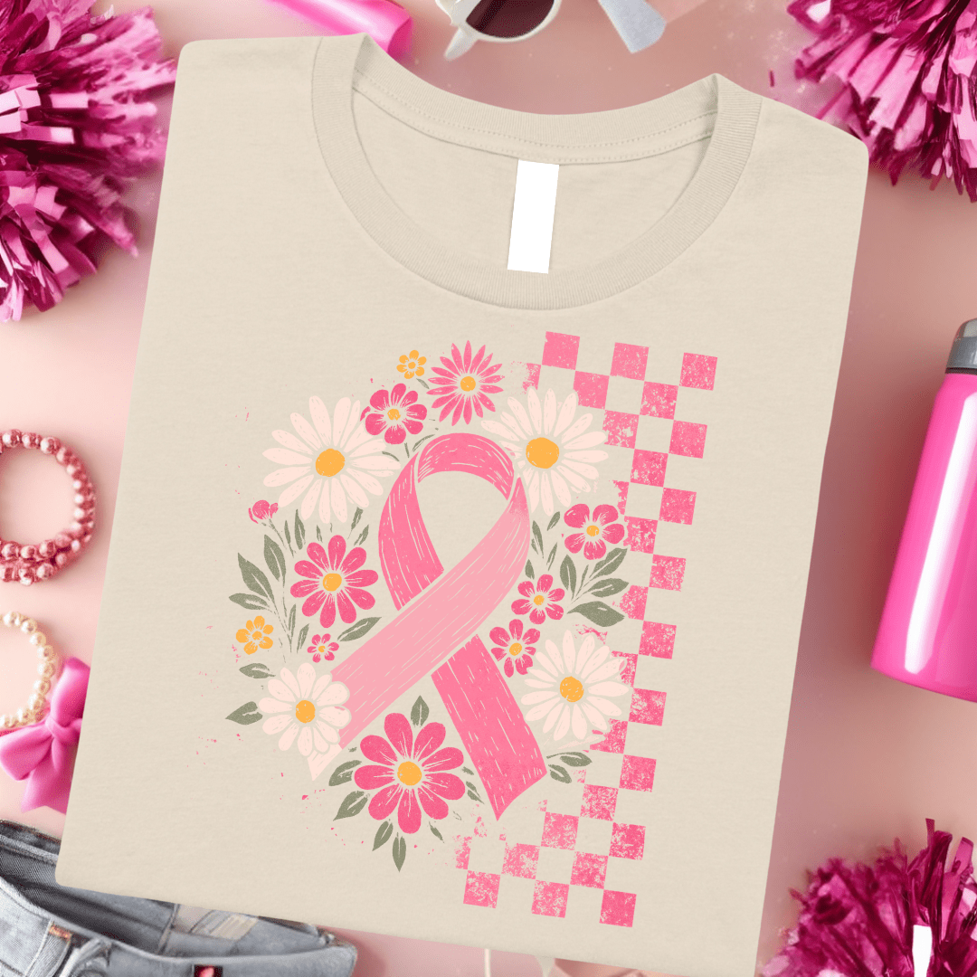 FestiviTees Women - Apparel - Shirts - T-Shirts Floral Breast Cancer Ribbon Graphic Tee