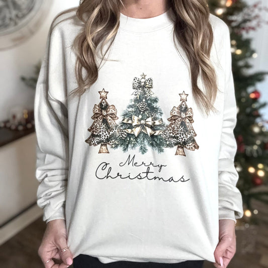FestiviTees Women - Apparel - Shirts - T-Shirts Merry Christmas Leopard Trees Graphic Crewneck