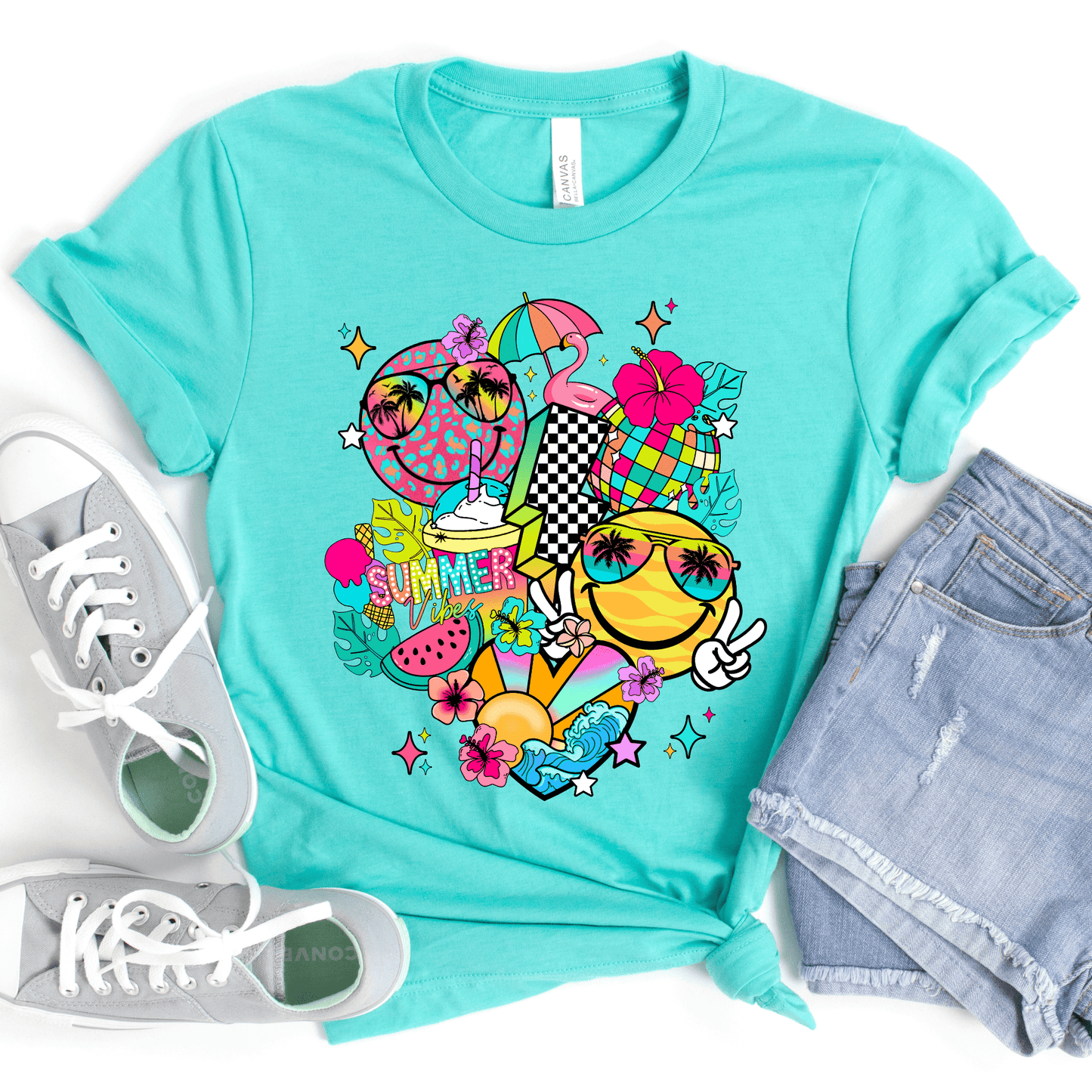 FestiviTees Women - Apparel - Shirts - T-Shirts Summer Vibes Faces Graphic Tee