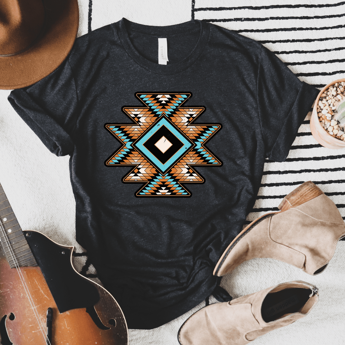 FestiviTees Women - Apparel - Shirts - T-Shirts Teal and Tan Aztec Graphic Tee