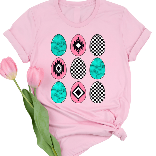 FestiviTees Women - Apparel - Shirts - T-Shirts Turquoise Pink & Checkered Eggs Graphic Tee