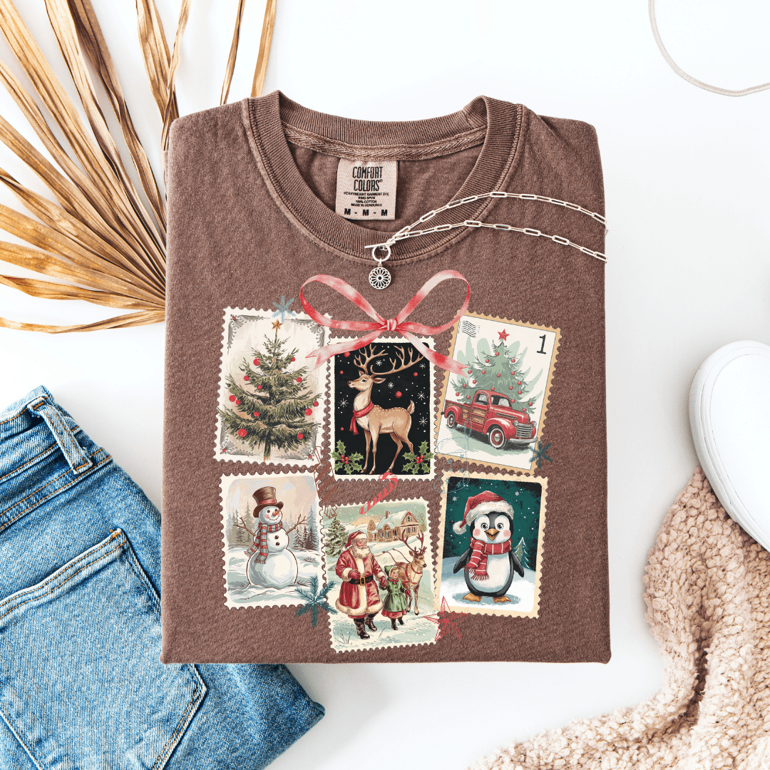 FestiviTees Women - Apparel - Shirts - T-Shirts Vintage Christmas Stamps Graphic Tee