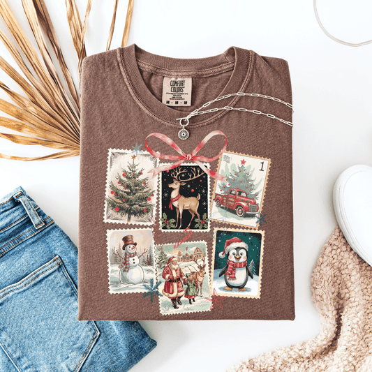 FestiviTees Women - Apparel - Shirts - T-Shirts Vintage Christmas Stamps Graphic Tee