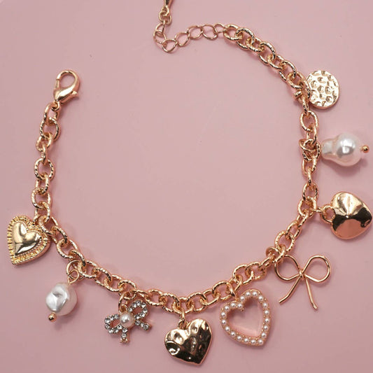 JOSSLYN by Wall to Wall Gold Bow Heart Disco Charm Bracelet