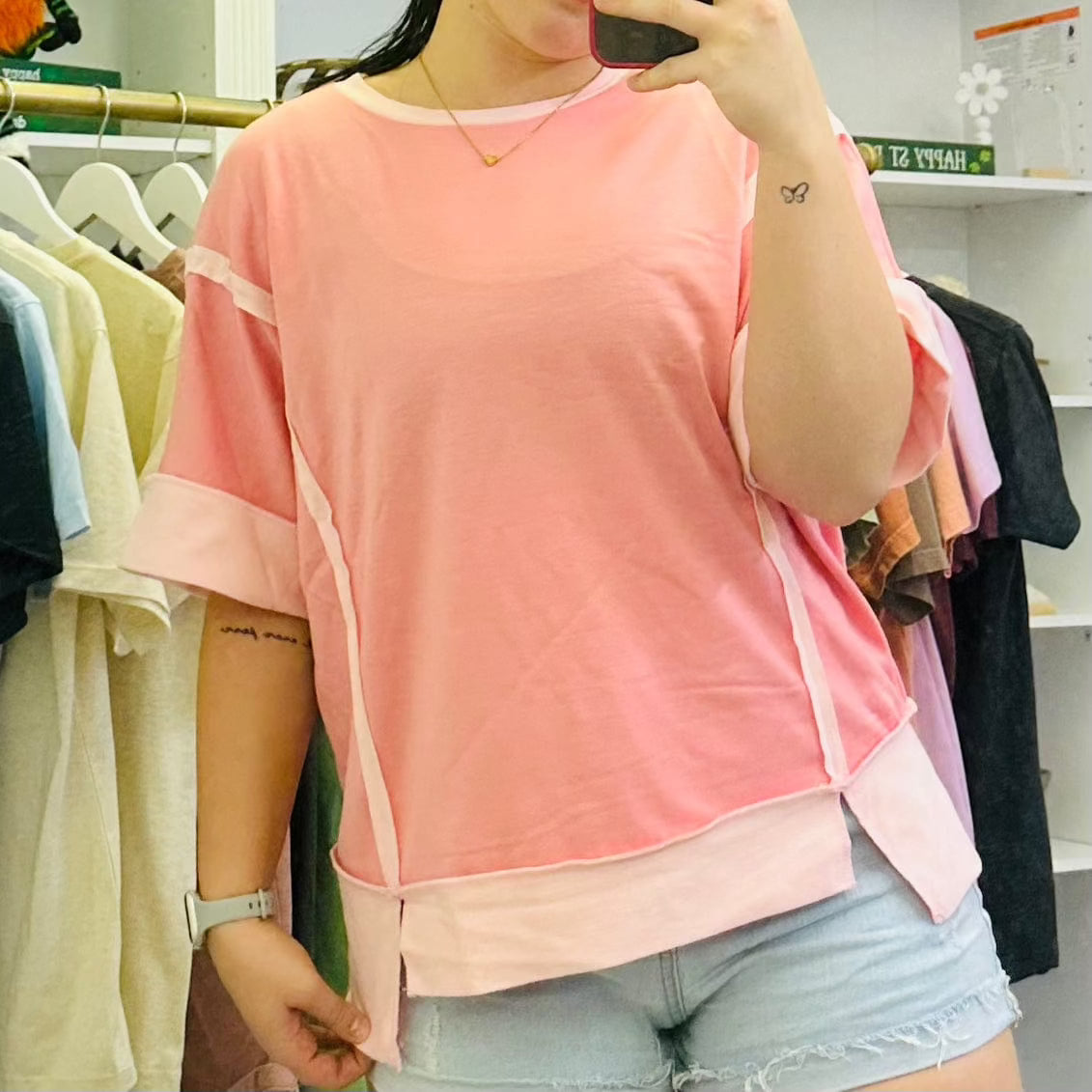 Little Daisy Closet Half Sleeve Raw Seam High Low Side Split Top
