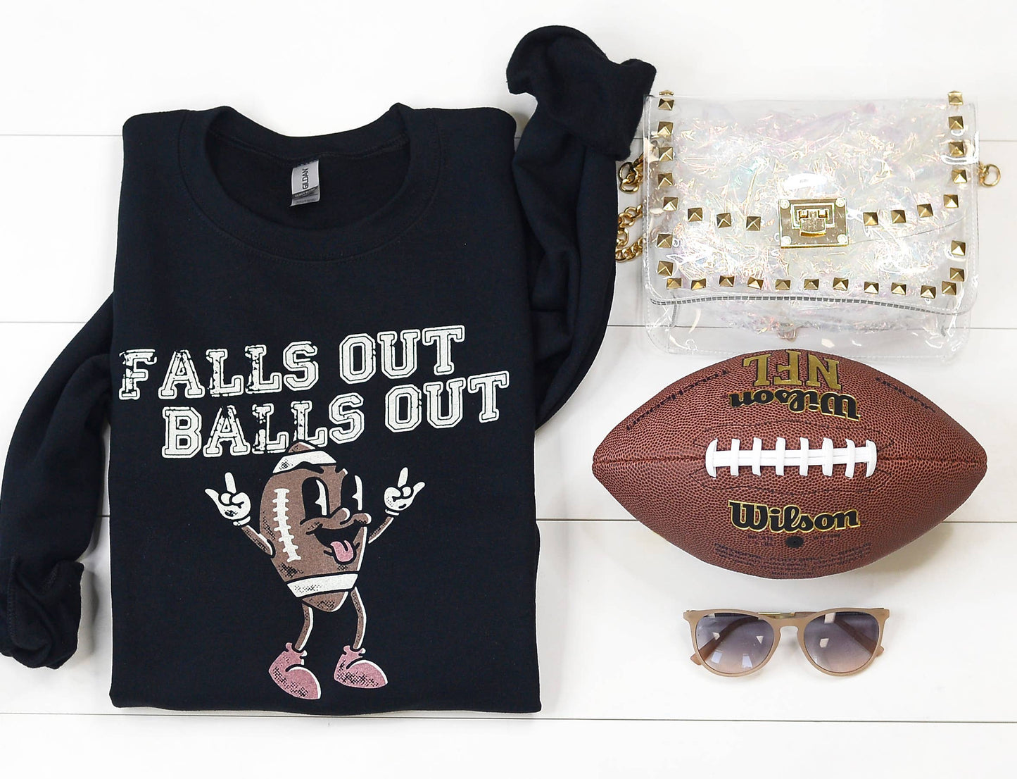 Mugsby Apparel & Accessories > Clothing > Shirts & Tops Small Falls Out Balls Out Funny Football Sweatshirt, Crewneck
