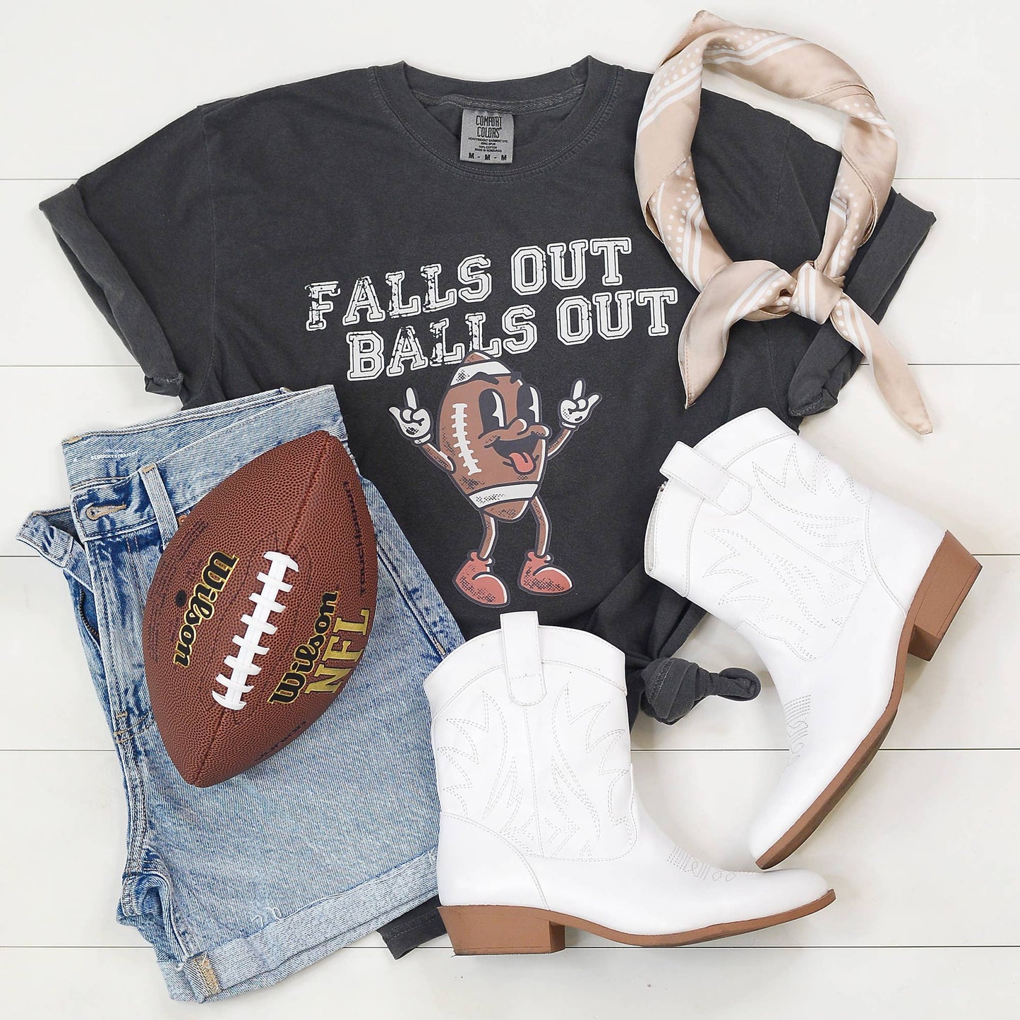 Mugsby Apparel & Accessories > Clothing > Shirts & Tops 2X-Large Falls Out Balls Out Funny Graphic Tee, Game Day, Football