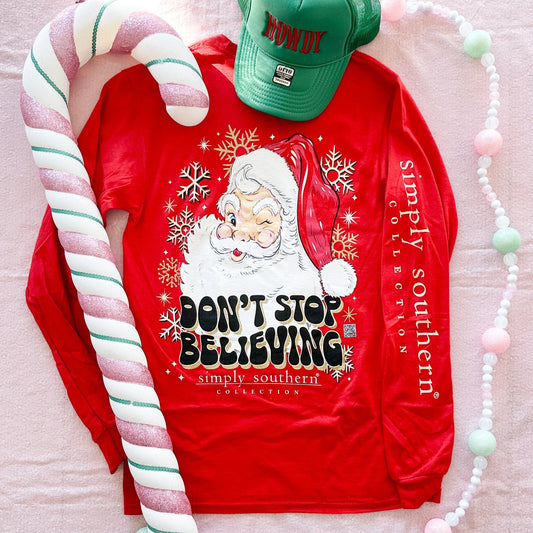 Simply Southern Women - Apparel - Shirts - T-Shirts Don't Stop Believing Santa Simply Southern Long Sleeve Soft Graphic Tee