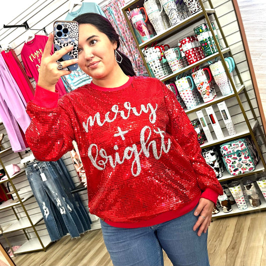 Simply Southern Women - Apparel - Shirts - T-Shirts Sequin Merry & Bright Simply Southern Long Sleeve Top