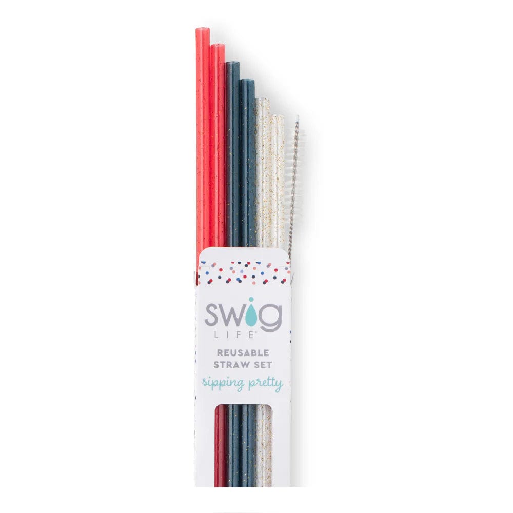 Swig Tumbler RED, WHITE & BLUE GLITTER Reusable Straw set