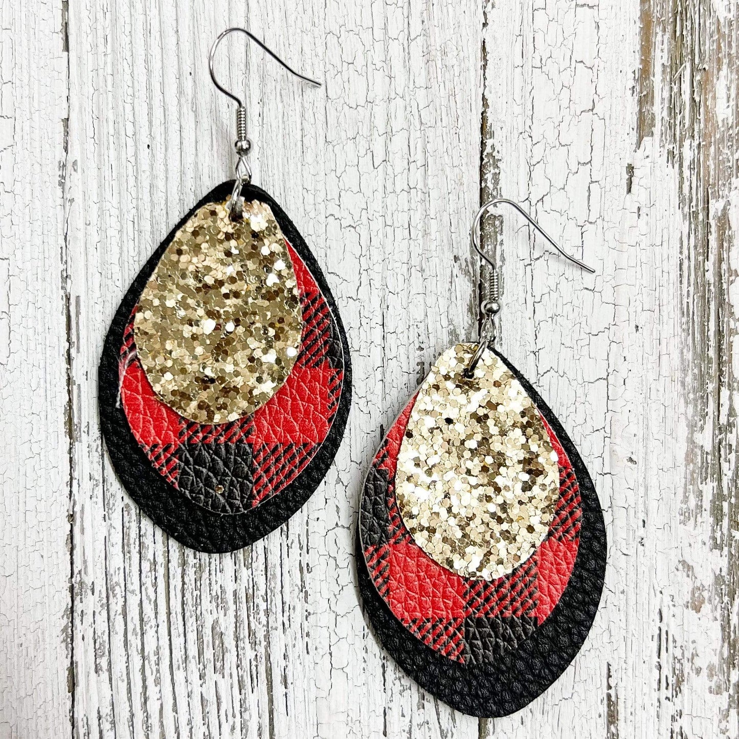 Envy Stylz Boutique Women - Accessories - Earrings Plaid Gold Layered Glitter Christmas Earrings