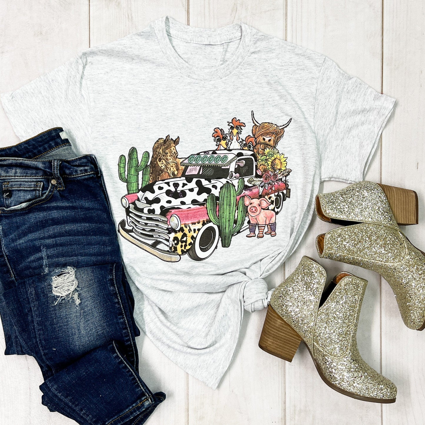 Envy Stylz Boutique Women - Apparel - Shirts - T-Shirts Barnyard Cow Print Truck Graphic Tee