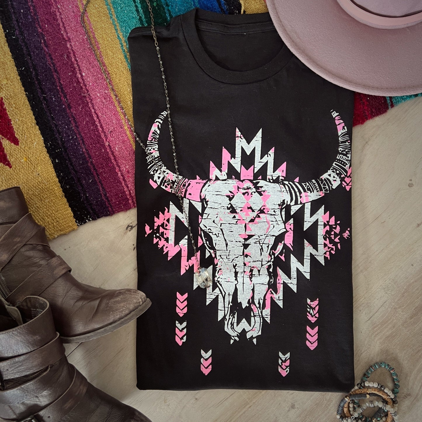 Envy Stylz Boutique Women - Apparel - Shirts - T-Shirts Black Aztec Bull Skull Graphic Tee