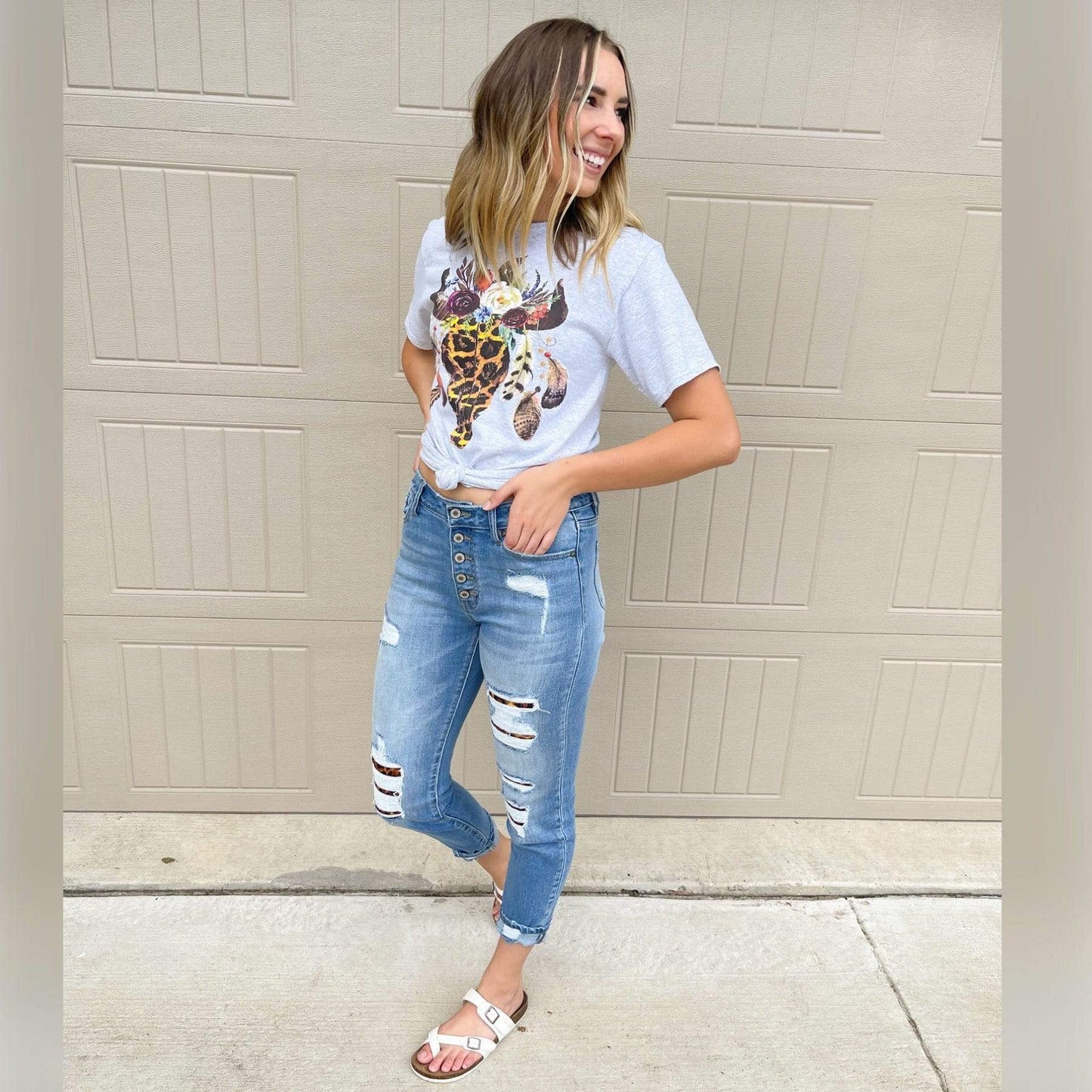 Envy Stylz Boutique Women - Apparel - Shirts - T-Shirts Leopard Floral Feather Bull Skull Graphic Tee