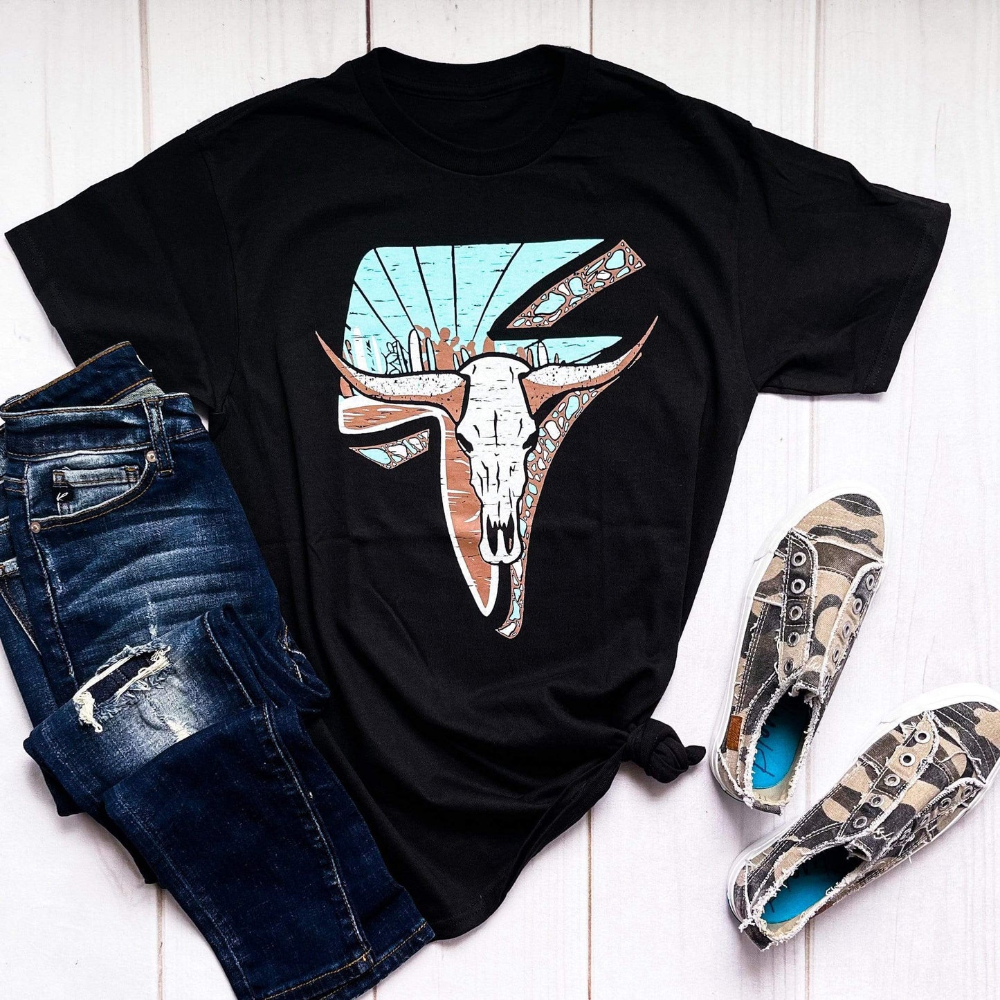 Envy Stylz Boutique Women - Apparel - Shirts - T-Shirts Lightning Cow Skull Graphic Tee