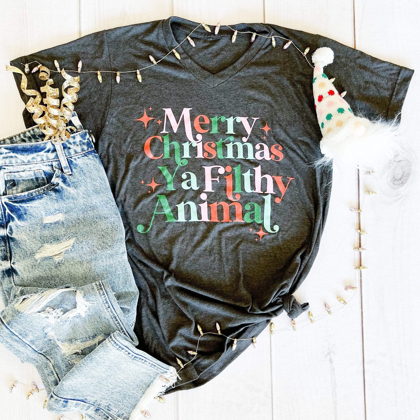 Envy Stylz Boutique Women - Apparel - Shirts - T-Shirts Merry Christmas Ya Filthy Animal V Neck Soft Graphic Tee