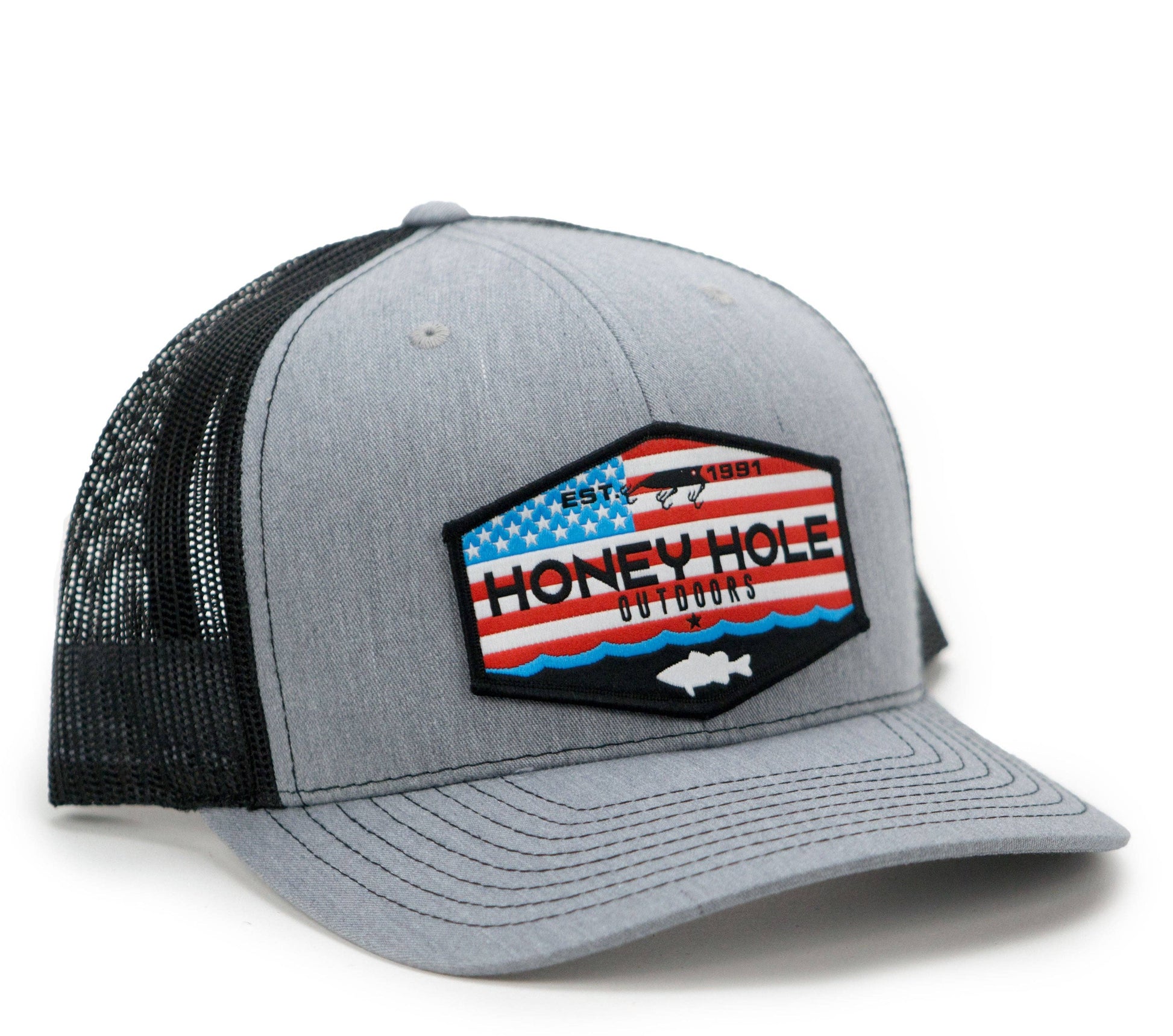 Honey Hole Outdoors Mens Mens Grey USA Flag Honey Hole Snapback Hat